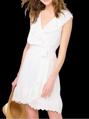 Lauren Conrad Waterfall Ruffle Wrap Dress w/ Eyelet Trim, Elastic Waist White SM